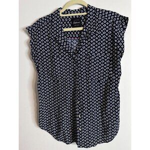 JACHS Girlfriend Womens Rayon Blouse Navy White Print Button Front Top